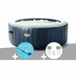 Kit Spa Gonflable Intex PureSpa Blue Navy Rond Bulles 4 Places + Aspirateur + Kit Traitement Brome - Bleunuit