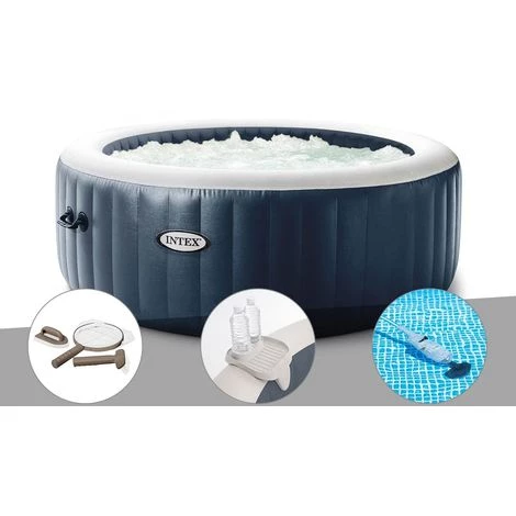 Kit Spa Gonflable Intex PureSpa Blue Navy Rond Bulles 4 Places + Kit D'entretien + Porte-verre + Aspirateur - Bleunuit