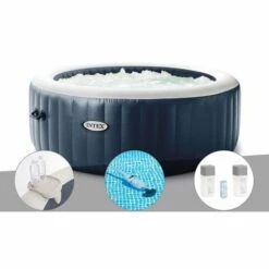 Kit Spa Gonflable Intex PureSpa Blue Navy Rond Bulles 4 Places + Porte-verre + Aspirateur + Kit Traitement Brome - Bleunuit