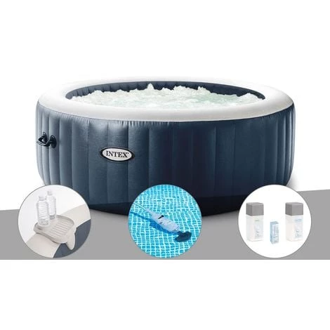 Kit Spa Gonflable Intex PureSpa Blue Navy Rond Bulles 4 Places + Porte-verre + Aspirateur + Kit Traitement Brome - Bleunuit