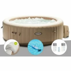 Kit Spa Gonflable Intex PureSpa Sahara Rond Bulles 6 Places + 2 Appuie-têtes + Aspirateur + Kit Traitement Brome - Beige