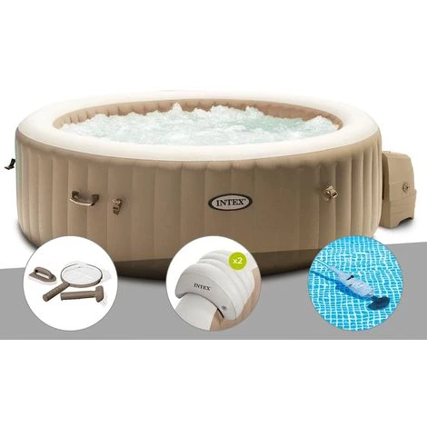Kit Spa Gonflable Intex PureSpa Sahara Rond Bulles 6 Places + Kit D'entretien + 2 Appuie-têtes + Aspirateur - Beige