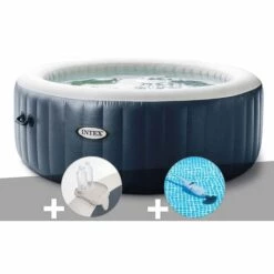 Kit Spa Gonflable Intex PureSpa Blue Navy Rond Bulles 6 Places + Porte-verre + Aspirateur - Bleunuit