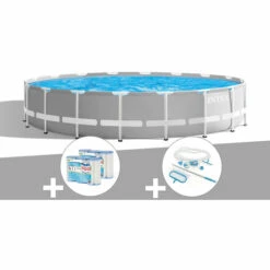 Kit Piscine Tubulaire Intex Prism Frame Ronde 5,49 X 1,22 M + 6 Cartouches De Filtration + Kit D'entretien - Gris