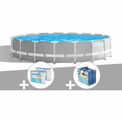 Kit Piscine Tubulaire Intex Prism Frame Ronde 5,49 X 1,22 M + 6 Cartouches De Filtration + Bâche à Bulles - Gris