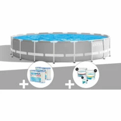 Kit Piscine Tubulaire Intex Prism Frame Ronde 5,49 X 1,22 M + 6 Cartouches De Filtration + Kit De Traitement Au Chlore - Gris
