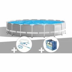 Kit Piscine Tubulaire Intex Prism Frame Ronde 5,49 X 1,22 M + Kit D'entretien + Bâche à Bulles - Gris