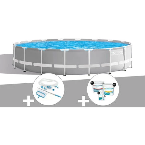 Kit Piscine Tubulaire Intex Prism Frame Ronde 5,49 X 1,22 M + Kit D'entretien + Kit De Traitement Au Chlore - Gris