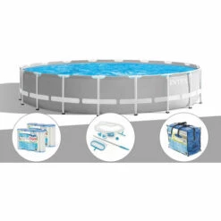 Kit Piscine Tubulaire Intex Prism Frame Ronde 5,49 X 1,22 M + 6 Cartouches De Filtration + Kit D'entretien + Bâche à Bulles - Gris