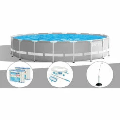 Kit Piscine Tubulaire Intex Prism Frame Ronde 5,49 X 1,22 M + 6 Cartouches De Filtration + Kit D'entretien + Douche Solaire - Gris