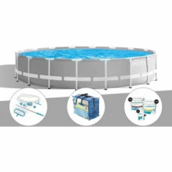 Kit Piscine Tubulaire Intex Prism Frame Ronde 5,49 X 1,22 M + Kit D'entretien + Bâche à Bulles + Kit De Traitement Au Chlore - Gris