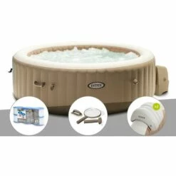Kit Spa Gonflable Intex PureSpa Sahara Rond Bulles 4 Places + 6 Filtres + Kit D'entretien + 2 Appuie-têtes - Beige