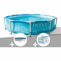 Kit Piscine Tubulaire Intex Metal Frame Ocean Ronde 3,05 X 0,76 M + Bâche De Protection + 6 Cartouches De Filtration - Bleu
