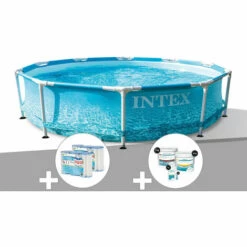 Kit Piscine Tubulaire Intex Metal Frame Ocean Ronde 3,05 X 0,76 M + 6 Cartouches De Filtration + Kit De Traitement Au Chlore - Bleu