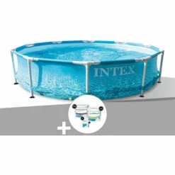 Kit Piscine Tubulaire Intex Metal Frame Ocean Ronde 3,05 X 0,76 M + Kit De Traitement Au Chlore - Bleu