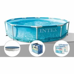 Kit Piscine Tubulaire Intex Metal Frame Ocean Ronde 3,05 X 0,76 M + Bâche De Protection + Bâche à Bulles + 6 Cartouches De Filtration - Bleu