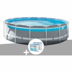 Kit Piscine Tubulaire Intex Prism Frame Clear Window Ronde 4,88 X 1,22 M + 6 Cartouches De Filtration - Gris