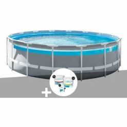 Kit Piscine Tubulaire Intex Prism Frame Clear Window Ronde 4,88 X 1,22 M + Kit De Traitement Au Chlore - Gris