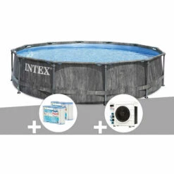 Kit Piscine Tubulaire Intex Baltik Ronde 5,49 X 1,22 M + 6 Cartouches De Filtration + Pompe à Chaleur - Gris
