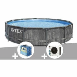 Kit Piscine Tubulaire Intex Baltik Ronde 5,49 X 1,22 M + Bâche à Bulles + Pompe à Chaleur - Gris