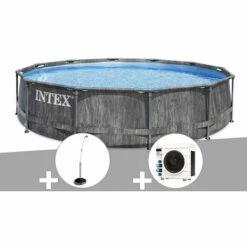 Kit Piscine Tubulaire Intex Baltik Ronde 5,49 X 1,22 M + Douche Solaire + Pompe à Chaleur - Gris