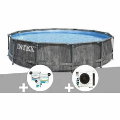 Kit Piscine Tubulaire Intex Baltik Ronde 5,49 X 1,22 M + Kit De Traitement Au Chlore + Pompe à Chaleur - Gris