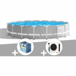 Kit Piscine Tubulaire Intex Prism Frame Ronde 5,49 X 1,22 M + Bâche à Bulles + Pompe à Chaleur - Gris