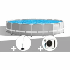 Kit Piscine Tubulaire Intex Prism Frame Ronde 5,49 X 1,22 M + Douche Solaire + Pompe à Chaleur - Gris