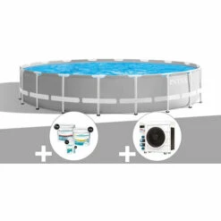 Kit Piscine Tubulaire Intex Prism Frame Ronde 5,49 X 1,22 M + Kit De Traitement Au Chlore + Pompe à Chaleur - Gris