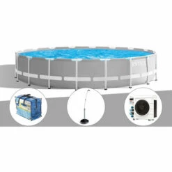 Kit Piscine Tubulaire Intex Prism Frame Ronde 5,49 X 1,22 M + Bâche à Bulles + Douche Solaire + Pompe à Chaleur - Gris