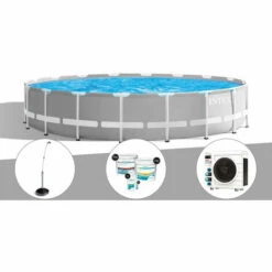 Kit Piscine Tubulaire Intex Prism Frame Ronde 5,49 X 1,22 M + Douche Solaire + Kit De Traitement Au Chlore + Pompe à Chaleur - Gris