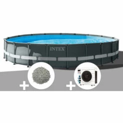 Kit Piscine Tubulaire Intex Ultra XTR Frame Ronde 6,10 X 1,22 M + 20 Kg De Zéolite + Pompe à Chaleur - Gris