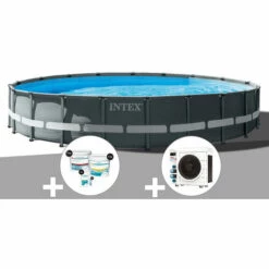 Kit Piscine Tubulaire Intex Ultra XTR Frame Ronde 6,10 X 1,22 M + Kit De Traitement Au Chlore + Pompe à Chaleur - Gris