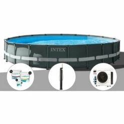 Kit Piscine Tubulaire Intex Ultra XTR Frame Ronde 6,10 X 1,22 M + Kit De Traitement Au Chlore + Douche Solaire + Pompe à Chaleur - Gris