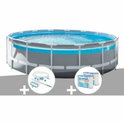 Kit Piscine Tubulaire Intex Prism Frame Clear Window Ronde 4,88 X 1,22 M + Kit D'entretien + 6 Cartouches De Filtration - Gris