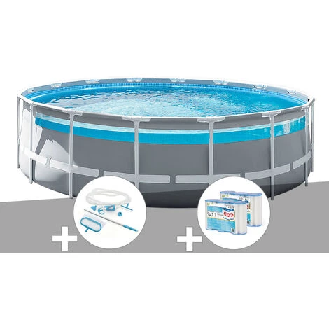 Kit Piscine Tubulaire Intex Prism Frame Clear Window Ronde 4,88 X 1,22 M + Kit D'entretien + 6 Cartouches De Filtration - Gris
