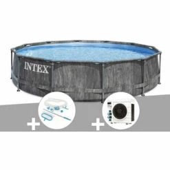 Kit Piscine Tubulaire Intex Baltik Ronde 5,49 X 1,22 M + Kit D'entretien + Pompe à Chaleur - Gris