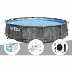 Kit Piscine Tubulaire Intex Baltik Ronde 5,49 X 1,22 M + 6 Cartouches De Filtration + Kit D'entretien + Pompe à Chaleur - Gris