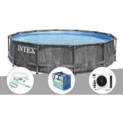 Kit Piscine Tubulaire Intex Baltik Ronde 5,49 X 1,22 M + Kit D'entretien + Bâche à Bulles + Pompe à Chaleur - Gris
