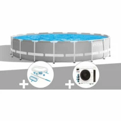 Kit Piscine Tubulaire Intex Prism Frame Ronde 5,49 X 1,22 M + Kit D'entretien + Pompe à Chaleur - Gris