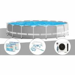 Kit Piscine Tubulaire Intex Prism Frame Ronde 5,49 X 1,22 M + 6 Cartouches De Filtration + Kit D'entretien + Pompe à Chaleur - Gris