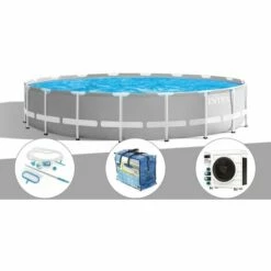 Kit Piscine Tubulaire Intex Prism Frame Ronde 5,49 X 1,22 M + Kit D'entretien + Bâche à Bulles + Pompe à Chaleur - Gris