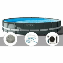 Kit Piscine Tubulaire Intex Ultra XTR Frame Ronde 6,10 X 1,22 M + 20 Kg De Zéolite + Kit D'entretien + Pompe à Chaleur - Gris