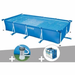 Kit Piscine Tubulaire Rectangulaire Intex 4,50 X 2,20 X 0,84 M + Filtration à Cartouche + Bâche à Bulles