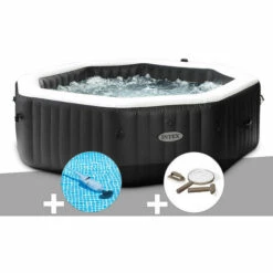 Kit Spa Gonflable Intex PureSpa Carbone Octogonal Bulles Et Jets 6 Places + Aspirateur + Kit D'entretien - Noir