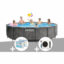 Kit Piscine Tubulaire Intex Baltik Ronde 4,57 X 1,22 M + 6 Cartouches De Filtration + Pompe à Chaleur - Gris