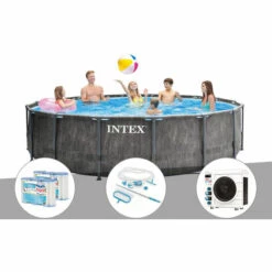Kit Piscine Tubulaire Intex Baltik Ronde 4,57 X 1,22 M + 6 Cartouches De Filtration + Kit D'entretien + Pompe à Chaleur - Gris