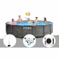 Kit Piscine Tubulaire Intex Baltik Ronde 4,57 X 1,22 M + Douche Solaire + Kit De Traitement Au Chlore + Pompe à Chaleur - Gris