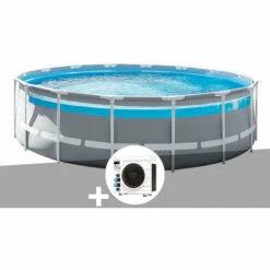 Kit Piscine Tubulaire Intex Prism Frame Clear Window Ronde 4,88 X 1,22 M + Pompe à Chaleur - Gris