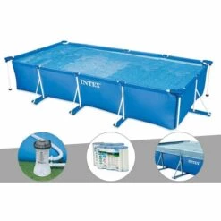 Kit Piscine Tubulaire Rectangulaire Intex 4,50 X 2,20 X 0,84 M + Filtration à Cartouche + 6 Cartouches De Filtration + Bâche De Protection